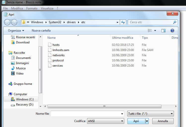 Modificare file hosts in Windows 7