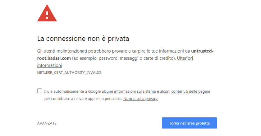 Errore HTTPS connessione non privata