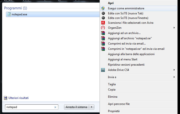 Esegui notepad come amministratore